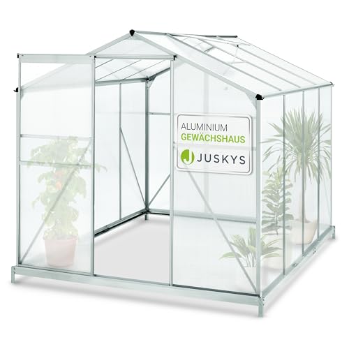 Juskys Aluminium Gewächshaus mit Fundament 4,75 qm - 190 × 253 cm - 1 Dachfenster & Schiebetür - 4 mm Platten - Garten Treibhaus Pflanzenhaus