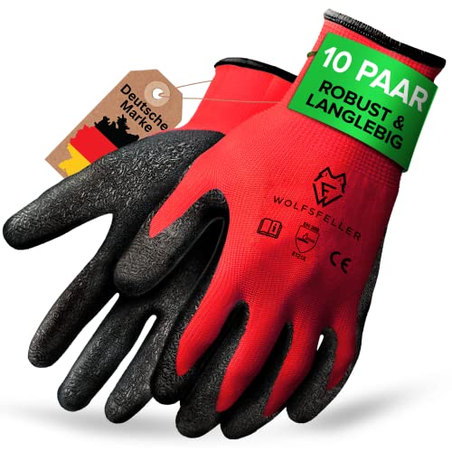 WOLFSFELLER 10 Paar robuste & komfortable Handschuhe Arbeitshandschuhe Herren Gr 10 - Arbeitshandschuhe Damen - Gartenhandschuhe Herren - Mechaniker Handschuhe Herren mit Latex Beschichtung.