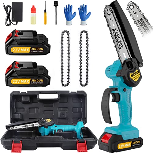 JINDUN Mini Kettensäge, 21V 6 Zoll Akku Kettensäge mit LED Leistungsanzeige, 2 Akku und Ladegerät, Leistungsstarke Motoren und Gehärtete Legierungsketten für Gartenbäumen Astschere Holzschneiden JINDUN Mini Kettensäge, 21V 6 Zoll Akku Kettensäge mit LED Leistungsanzeige, 2 Akku und Ladegerät, Leistungsstarke Motoren und Gehärtete Legierungsketten für Gartenbäumen Astschere Holzschneiden
