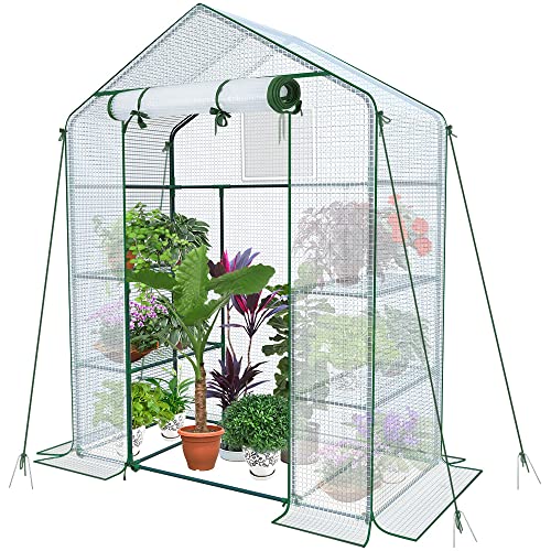 VOUNOT Gewächshaus Foliengewächshaus, begehbares Gartenhäuschen mit 4 Regalebenen, Tomatenhaus Tomatengewächshaus, Weiß 143x73x195cm VOUNOT Gewächshaus Foliengewächshaus, begehbares Gartenhäuschen mit 4 Regalebenen, Tomatenhaus Tomatengewächshaus, Weiß 143x73x195cm