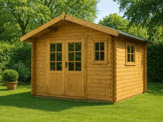 Gartenhaus aus Holz vor Bäumen