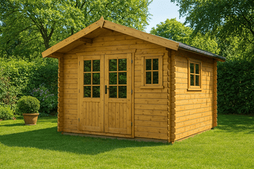 Gartenhaus aus Holz vor Bäumen